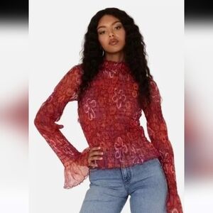 NWT Free People Hello There Fitted & Smocked Semi Sheer Blouse  Size XS